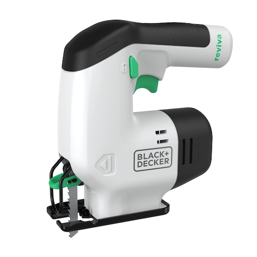 BLACK+DECKER REVJ12C jigsaw with black and white body, green accents, front angle on white background.