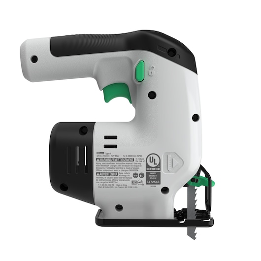 BLACKDECKER REVJ12C jigsaw side view, white and black body with green trigger and blade attachment.