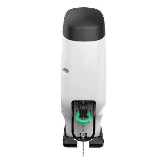 BLACKDECKER REVJ12C jigsaw front angle, white body with black top and green detail, on white background.
