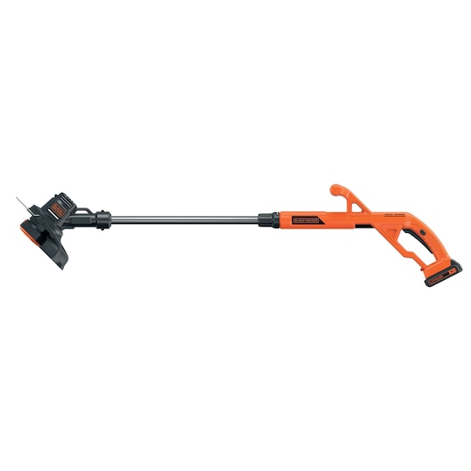 BLACK+DECKER cordless string trimmer with an orange and black design, featuring a long handle and a battery-powered operation.