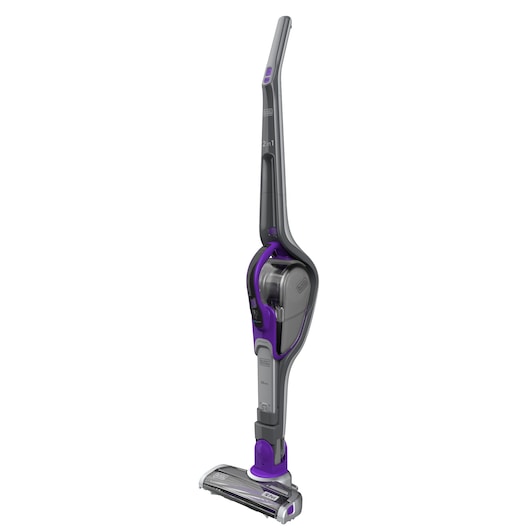 BLACKDECKER SVJ520BFSP cordless stick vacuum in gray and purple, upright angle, photography product