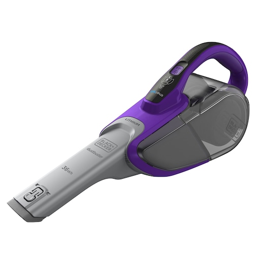 BLACKDECKER SVJ520BFSP handheld vacuum, purple and gray, angled view on white background.