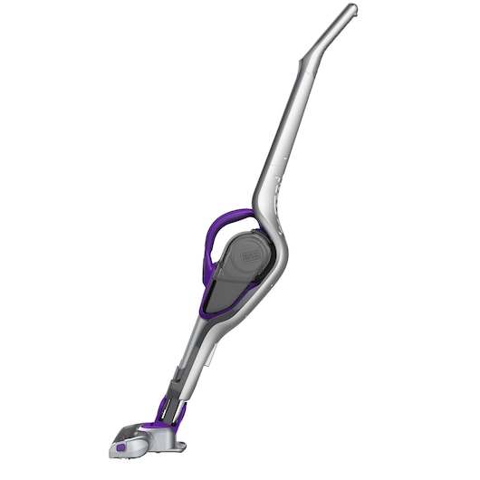 BLACKDECKER SVJ520BFSP cordless stick vacuum cleaner, silver and purple, side view, on white background.