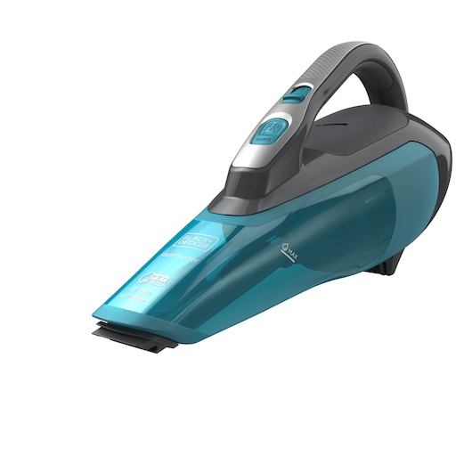A BLACK+DECKER handheld cordless vacuum cleaner with a blue and black design, featuring a curved handle and labeled with 'dustbuster' on the front.
