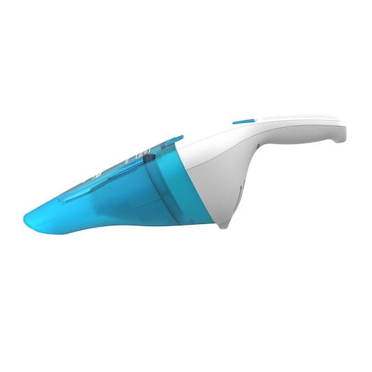 A handheld vacuum cleaner with a white handle and a translucent blue dust container, shown in profile view.