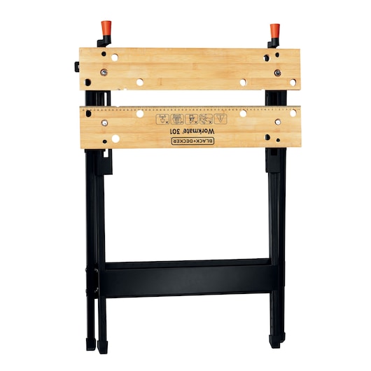 A BLACK+DECKER Workmate 301 portable workbench with a wooden top featuring measurement markings and a sturdy black metal frame, viewed upright against a white background.