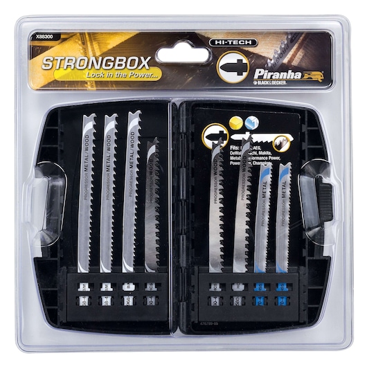 Packaged set of PIRANHA branded jigsaw blades, labeled as 'Strongbox', suitable for cutting metal and wood. The blades are stored in a plastic case with compartments and are visibly organized by type and size. Packaging indicates compatibility with various tools.
